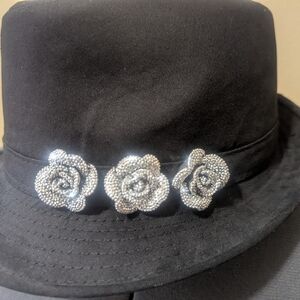 Elegant Black Hat with Silver Floral Accents